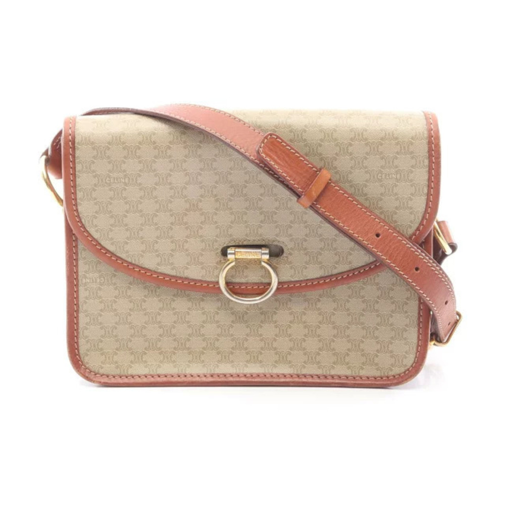 Celine Triomphe Shoulder Bag Canvas Leather Beige Cream Brown